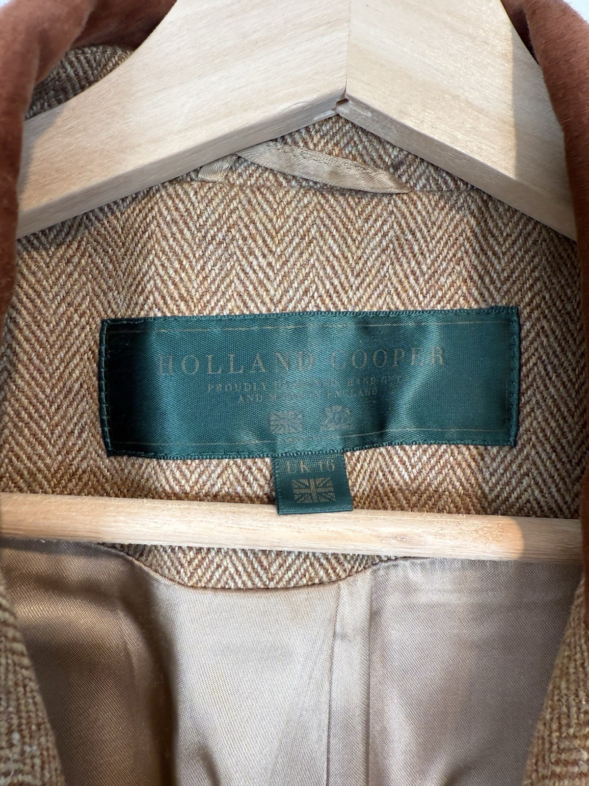 Holland Cooper Coat Size UK 16 Brown Tweed Wool Suede Long Blazer Jacket Country