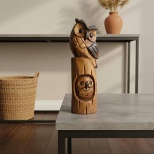 Image of Wooden Owl Statue Artisanal Home Decor Rustic for Living Room, Cabinet Top
