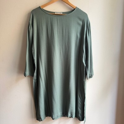 Black Crane Oversized Tunic Side Slit Rayon Wool Sage Green S