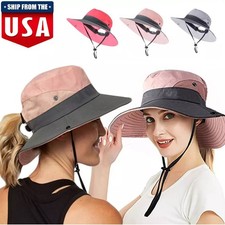 Women's Sun Hat Ponytail Hole Sun Shade Hat UV Protection Foldable Bucket Hat US
