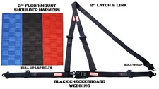 OFF ROAD RACE HARNESS BLACK CHECKERBOARD 3 POINT FLOOR Y MOUNT BELT PULL UP LAP