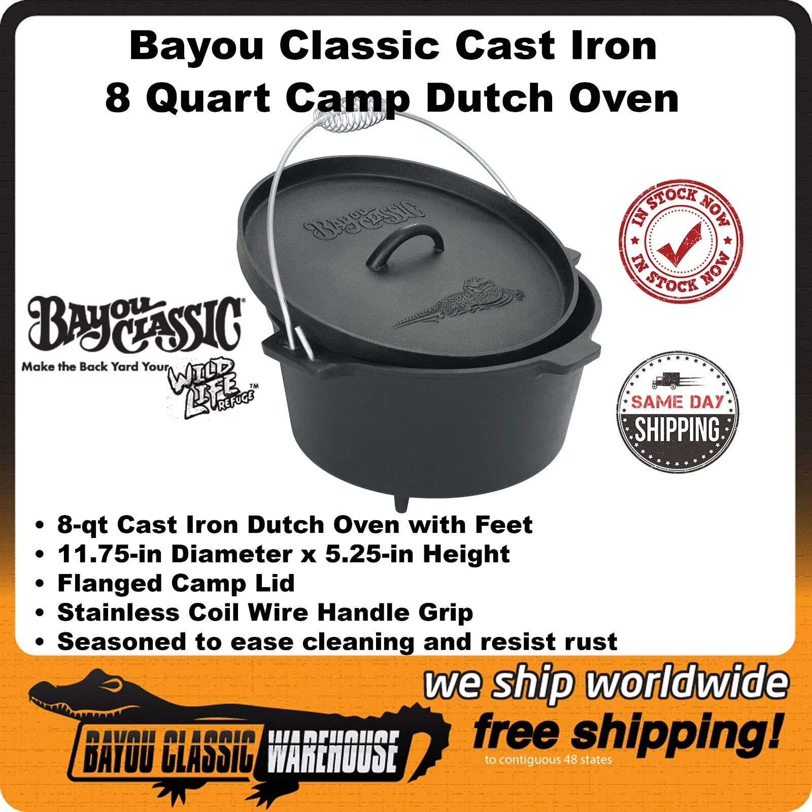 Bayou Classic Cast Iron 8 Quart Camp Dutch Oven Cookware With Feet 7360