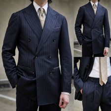 Classical Dark Blue Striped Men's Suit Double Breasted Peak Lapel Wedding Tuxedo