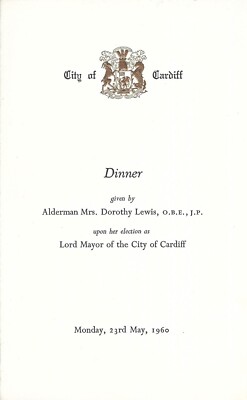 1960 CARDIFF STADTRAT - LORDBÜRGERMEISTER WAHL ABENDESSEN MENÜKARTE