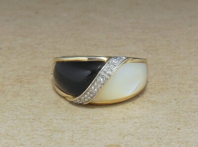 Vintage 10K Gold Mother of Pearl & Black Glass CZ Designer Style Dome Ring 7.5