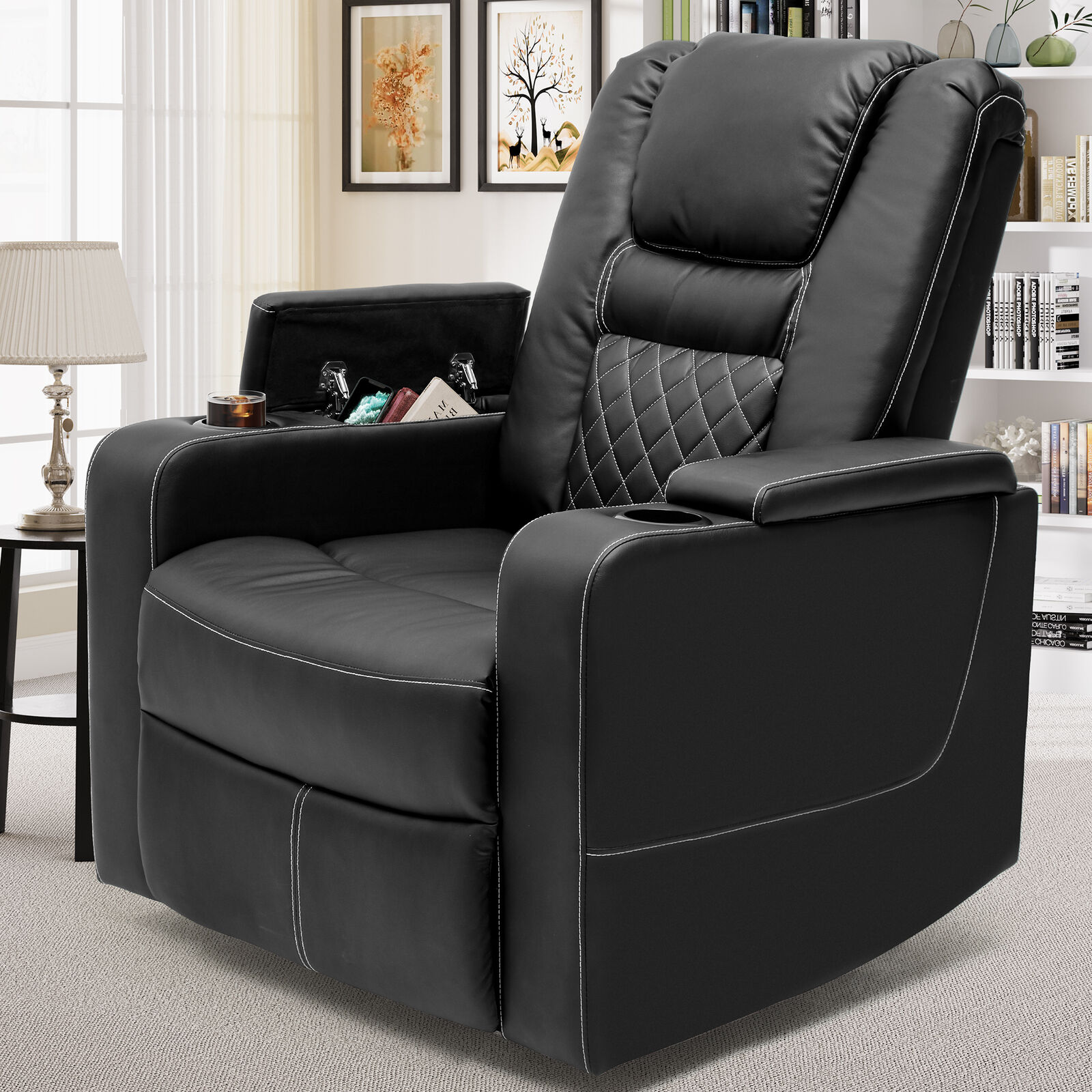 Swivel Glider Rocker Recliner Chair with Cup Holders, Home Theater Seating Soft