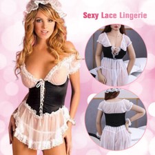 French Maid Outfit See-through Wench Costume Lace Up Front Waitress Fancy Dress