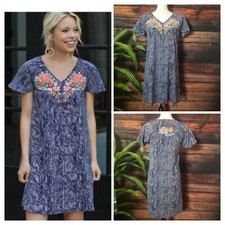 THML Dress Size Small Embroidered Floral Striped Flutter Sleeve Shift