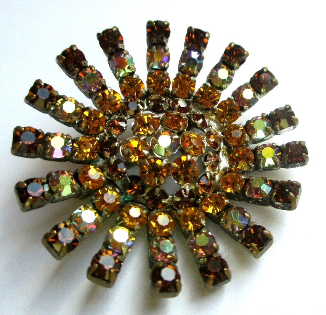 Broche Fleur Ancienne Vintage - Or Couleur, Cristaux, Topaze, Péridot - État Impeccable - Occasion