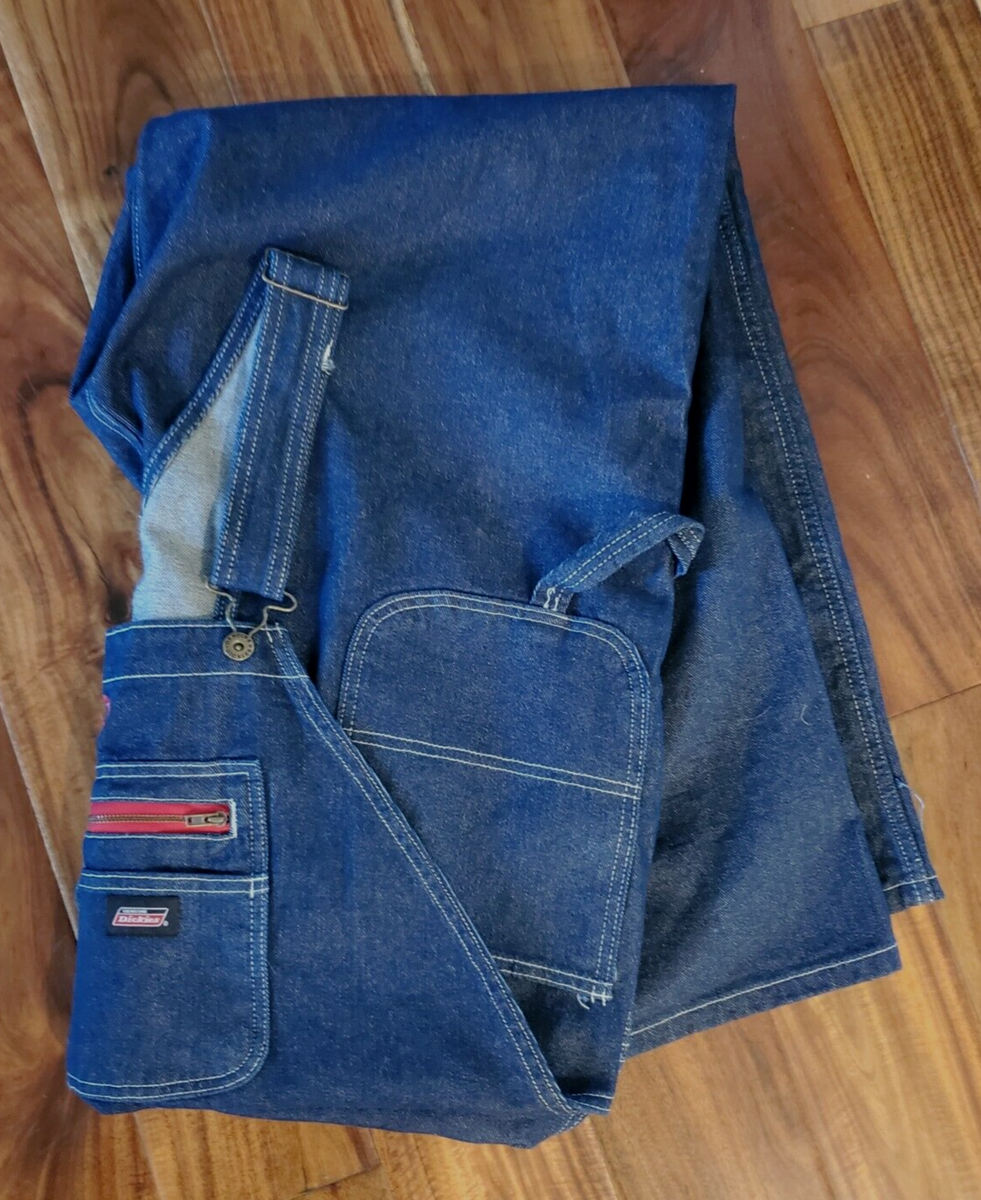 Men's DICKIES OVERALLS Denim Blue Jean 2XL 46X32 Bib Carpenter Red