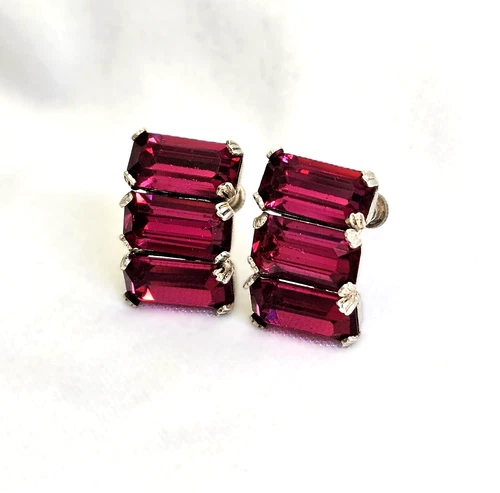 VTG ART DECO Sterling Silver Screw Back Earrings Red Baguette Rhinestone Jewelry