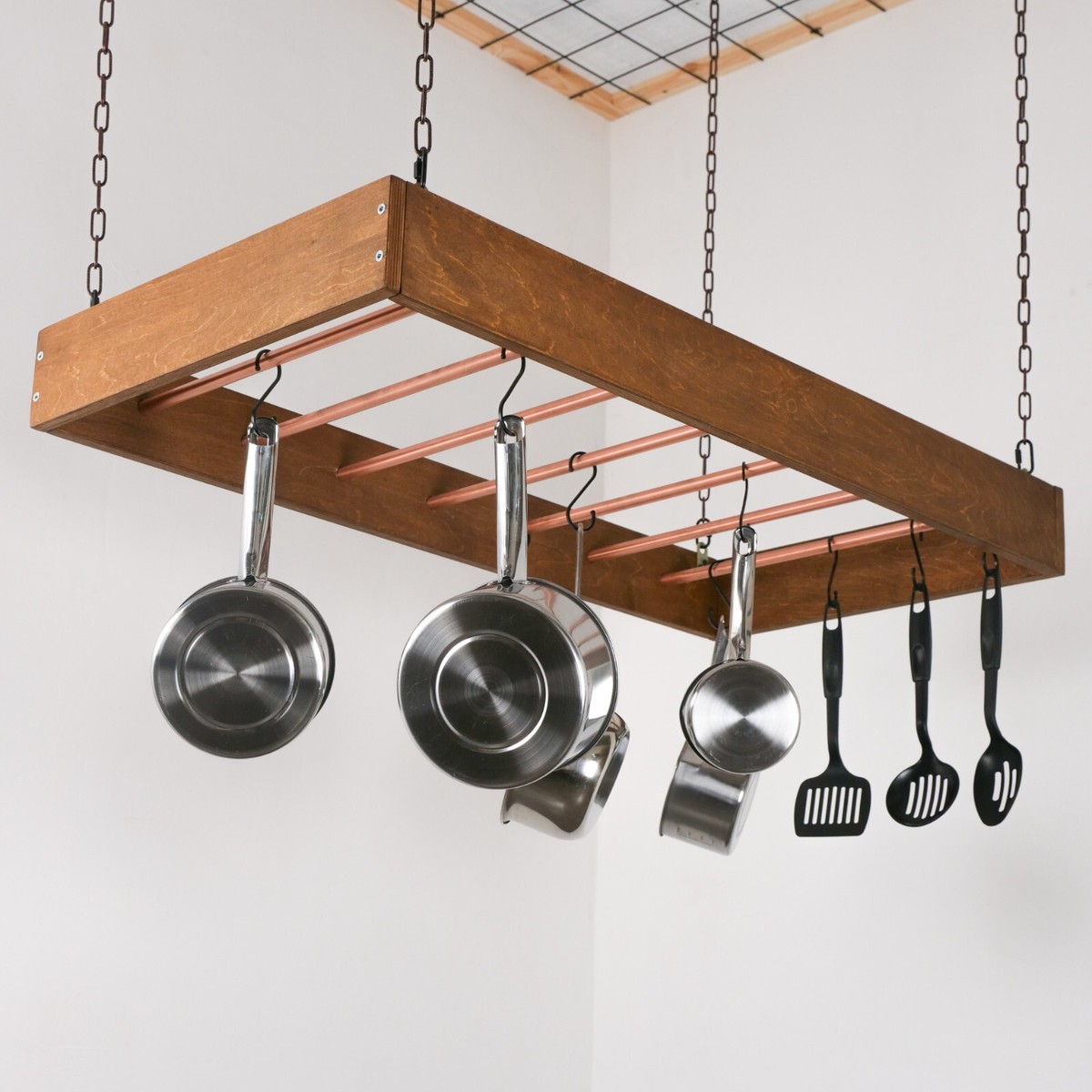 Ceiling Mounted Wood & Copper Hanging Pot Rack Farmhouse