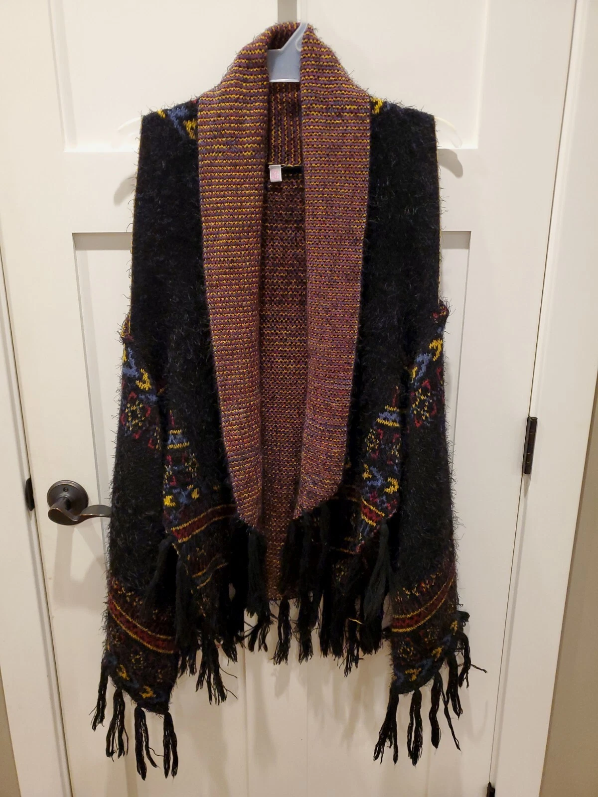 Womens One Size Poncho Aztec Vest Western Fringe Rodeo Country LinenWool Sweater