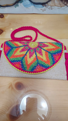 Multicolor Beaded Half Moon Crossbody Bag Tassel Pink Strap Magnetic Closure Way