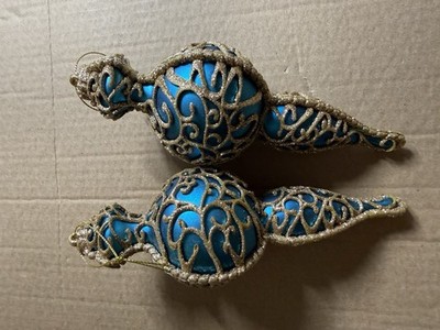 Set of 2 Blue Gold Glitter Finial Christmas Ornaments Plastic Hanging Decor