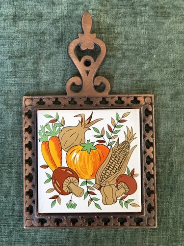 Lot 4 Vtg MCM Cast Iron Tile Trivet Hot Plate Wall Decor Fruit Sunflower Kitchen image 5