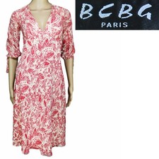 BCBG Silk Chiffon Peasant Midi Dress Red Floral Toile Print Summer Spring Boho 4
