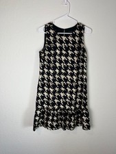 J Crew Dress Womens 4 Black Cream Houndstooth Silk Sleeveless Ruffle Hem Party