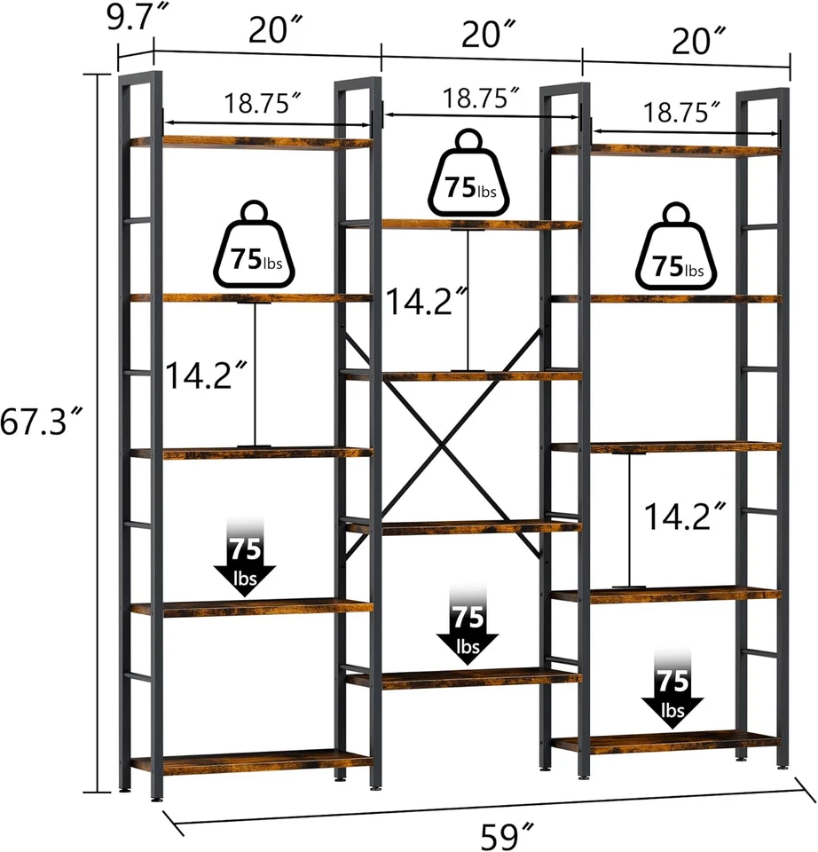 Triple Column 5 Tier Bookshelf, Industrial Large Bookcase with 14 Open Display S - Image 2 of 4