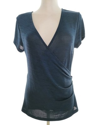 FLASH WOMAN Damen Wickelbluse Gr. M Marineblau Kurzer Ärmel Logo V-Ausschnitt