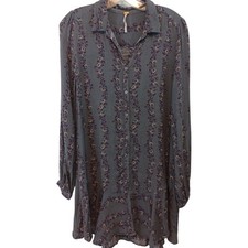 Free People Shirt Dress Womens Small Grey Floral Slubby Crinkle  Boho