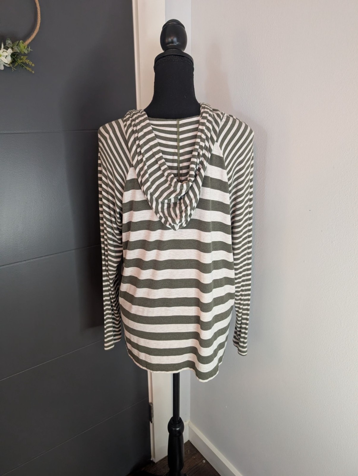 Cabi Playoff Hooded Blouse Lightweight Green and White Striped Hoodie Style 5731