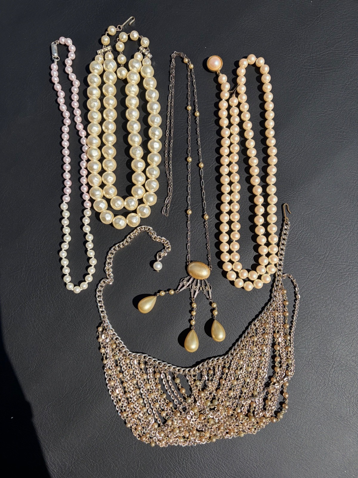 Lot of 5 Vintage Faux Pearl Necklaces-Dimpled Choker Opera Art Deco Multi Strand