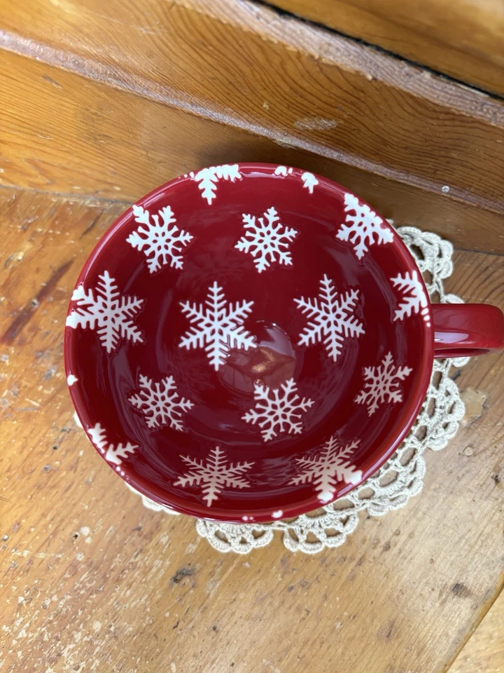 Primitives by Kathy  8 oz Stoneware Mug Red Background w/ White Snowflakes - Image 2 of 4