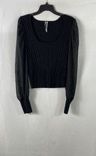 Anthropologie Women's Black Ribbed Swiss Dot Sheer Balloon Sleeve Blouse Sz XL