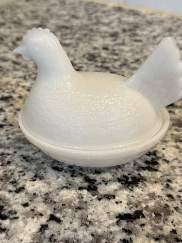 Vintage white milk glass “hen on nest” covered dish