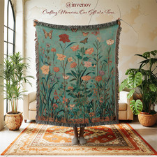 Wildflower Woven Blanket, Butterfly Garden Throw, Vintage Style Floral Tapestry