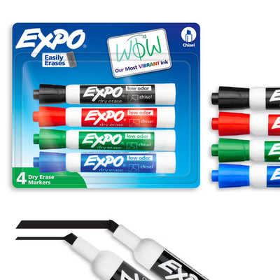 EXPO Dry Erase Markers, Low Odor Ink, Assorted Colors, Chisel Tip, 4 Count - Whi