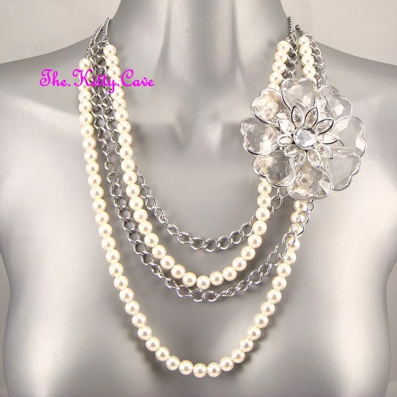 Big Bold Chic Multi Strand Pearl Silver Floral Flower Corsage