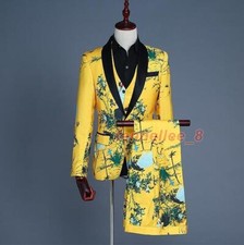 Men's Floral Printed 3Pcs Suits Jacket Vest Pants One Button Tuxedos Party Suit
