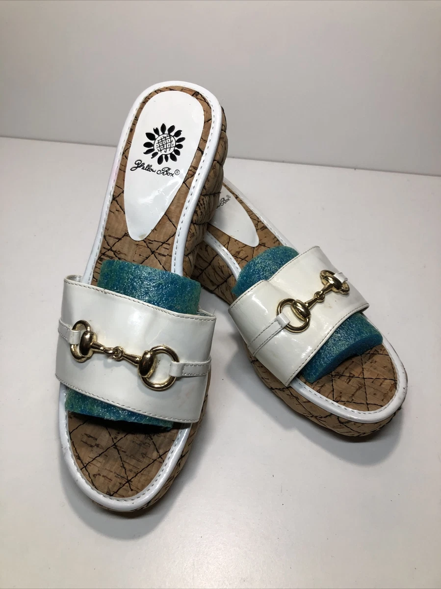 Yellow Box Corky Wedge Sandal White With Gold Hardware Women s