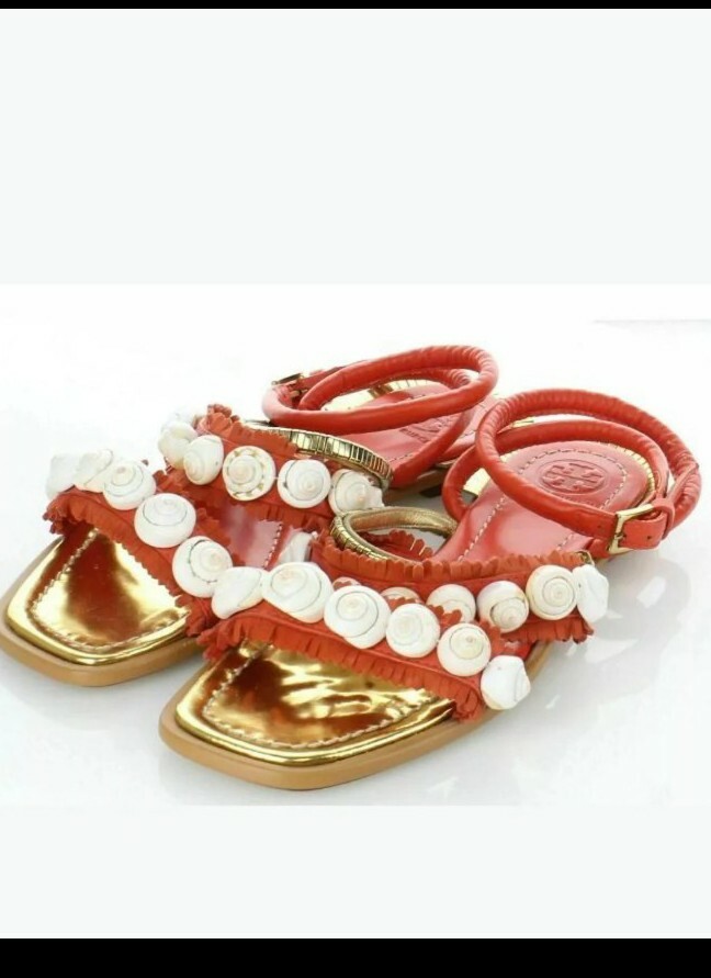 Tory Burch Sinclair Sandals Red Leather Seashell M Strappy Flats