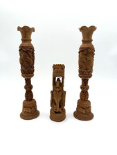 Pair Hand Carved Wooden Flower Bud Vase Elephants Lions Home Garden Decor Art