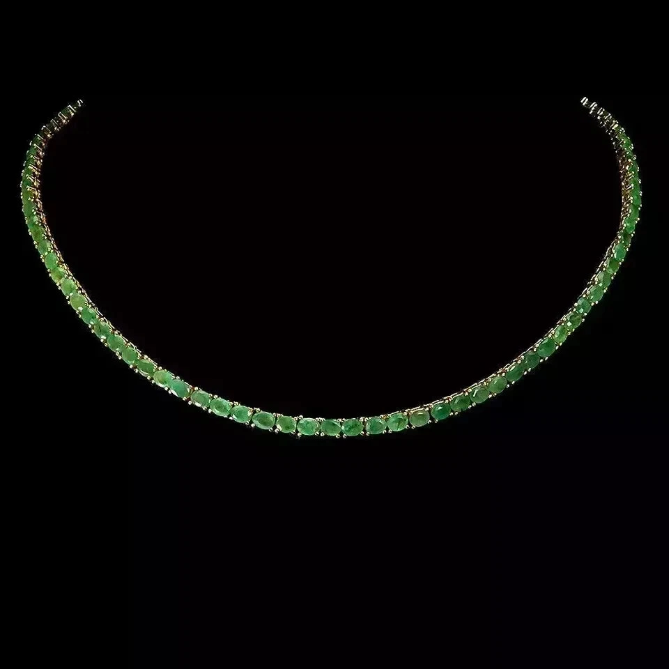 12Ct Oval Cut Lab-Created Green Emerald Tennis Necklace 14K Yellow Gold Plated - Image 4 of 4