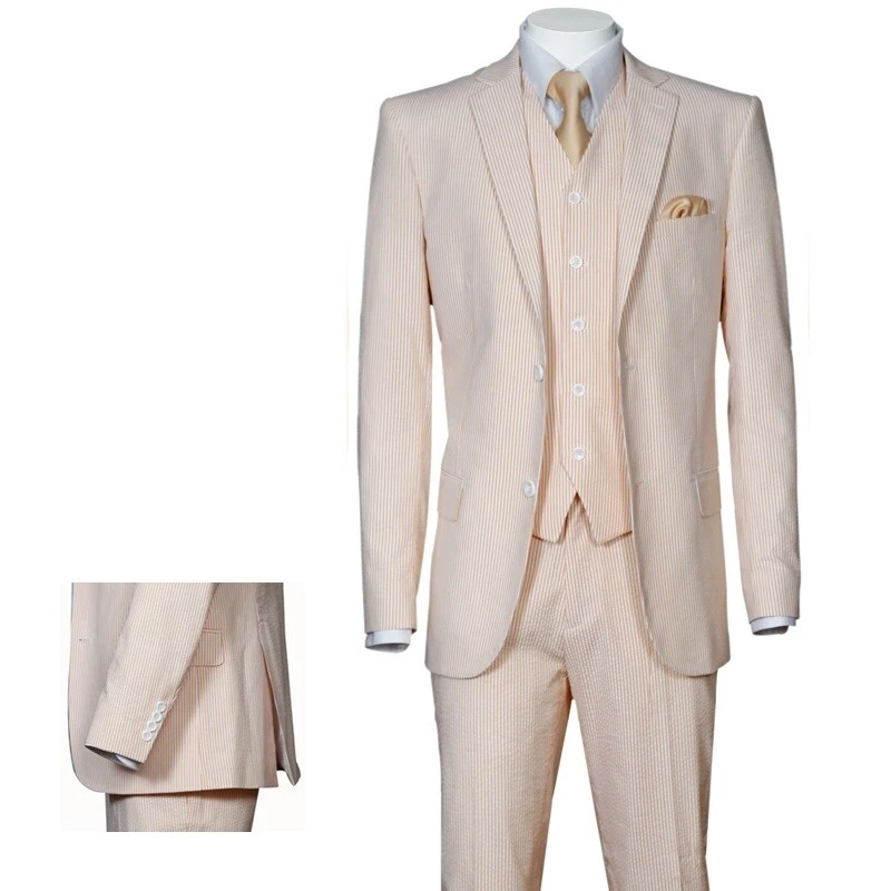Men's 3 Piece Fashion Striped Seersucker Suit With Vest&Pants Slim Fit 2 Button - Image 4 of 4