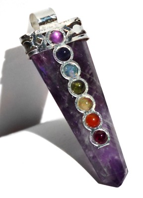 Amethyst Crystal Point 7 Chakra Gemstone Silver Pendant Necklace Reiki Healing