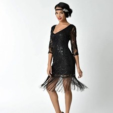 Unique Vintage Women's Black Beaded Sequin Margaux Sleeved Fringe Dress Size M