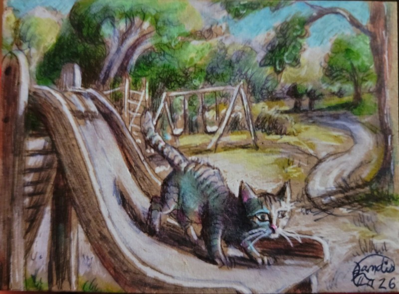 Jacob Landis HANDMADE ORIGINAL Whimsy ACEO Sketch Kitten Slide "The Playground" 