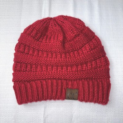 CC Beanie Hat Knit Cap Winter Warm Cable Knit Cuffed Red Womens