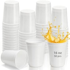 50 Pack White Stadium Cups, Reusable 16 Oz Plastic Cups for Party, Blank Drin...