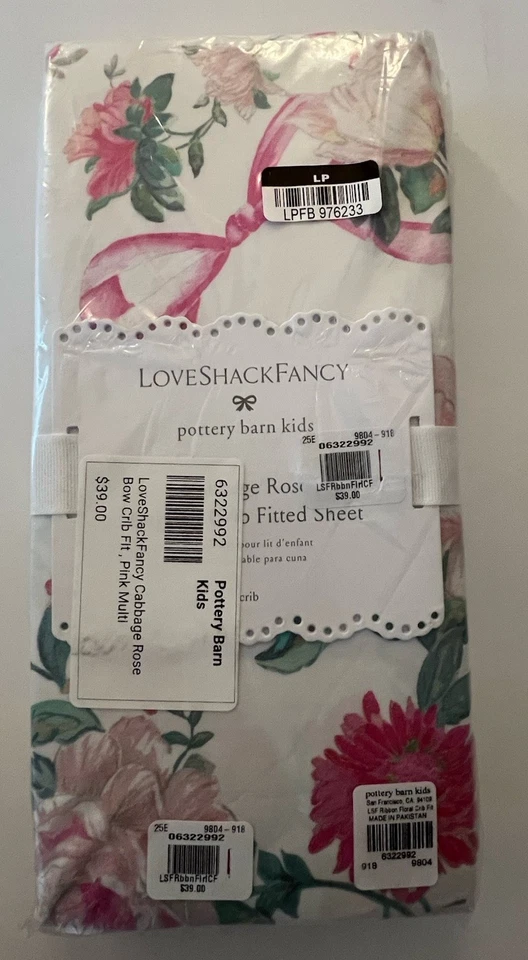 Pottery Barn Kids Love Shack Fancy Cabbage Rose Bow Crib Fitted Sheet_New_T#E - Image 3 of 4