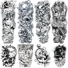 Temporary Tattoo Sleeves for Men Pirate Skull Design Full Arm Large Flower Style