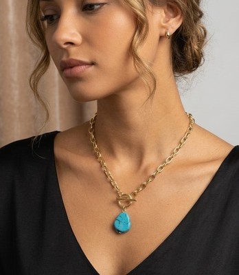 18K Gold Plated Statement Toggle Necklace Turquoise Drop Pendant Princess NWT