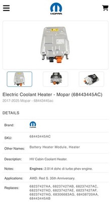 NEW Genuine Mopar 68443445AC Electric Coolant Battery Heater Warmer Jeep