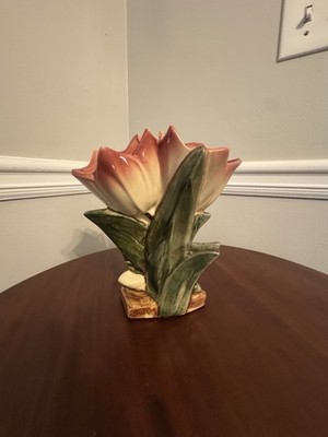Antique Early Original McCoy Double Tulip Crocus Art Pottery Vase White Pink USA