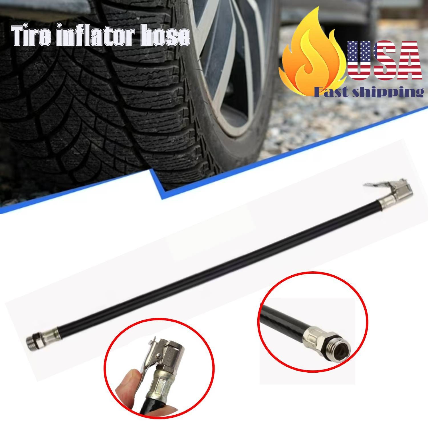 Air Tyre Inflator Pressure Car Auto Tire Hose Pump Gauge Hose Connector Flexible